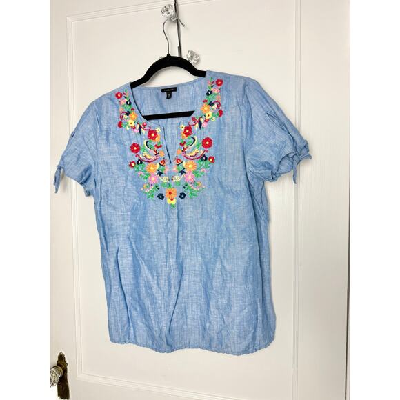 Talbots Chambray Short Sleeve Embroidered Floral Top Womens Medium Linen Coastal - Picture 1 of 7